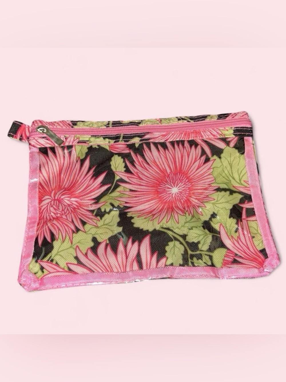 Pink Floral Mesh Cosmetic Pouch